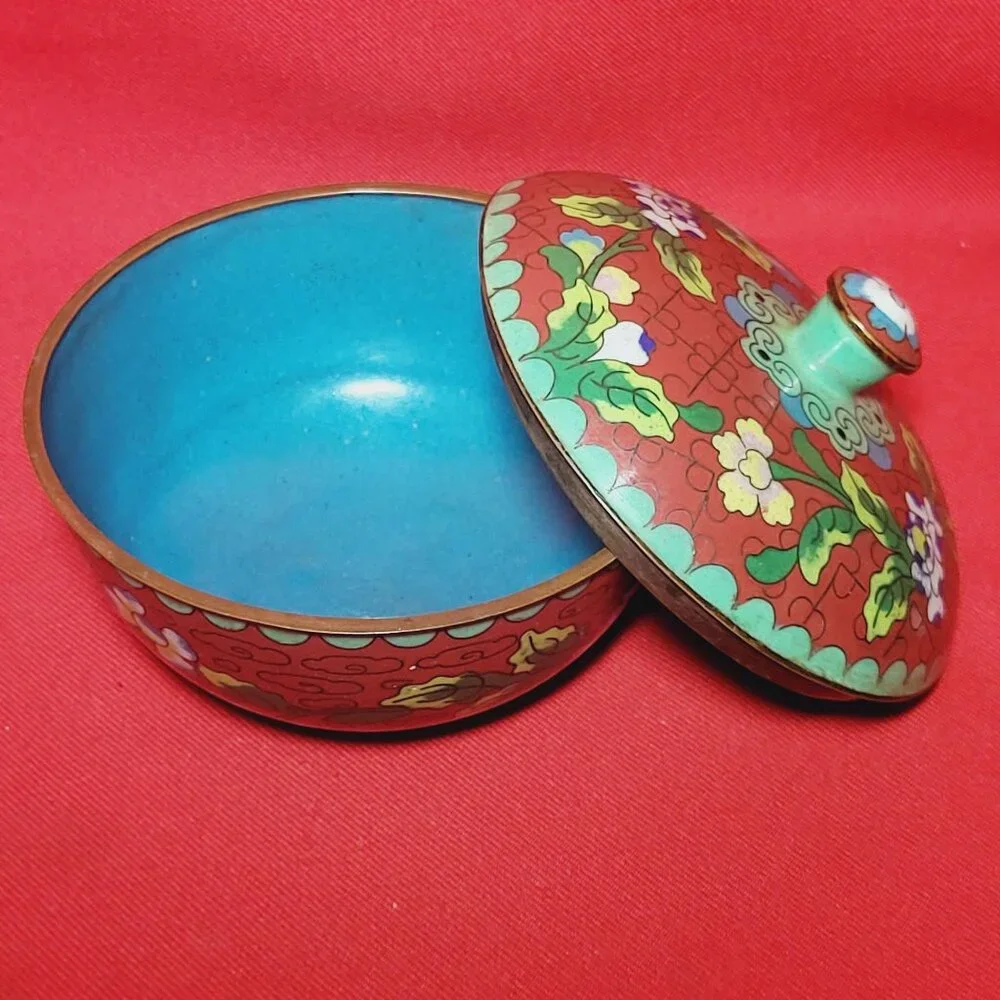 Vintage Cloisonné Brass Bowl With Lid Covered Red Dish